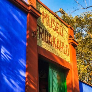 Mexico city, Mexico - February 08 2017 : the colorful vibrant facade of the frida kahlo museum