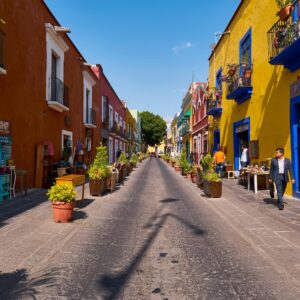 Historical colorful street Alley of the Frogs in city of Puebla, Callejon de los Sapos, Calle 6 Sur, Puebla de Zaragoza, Mexico, in March 20, 2019