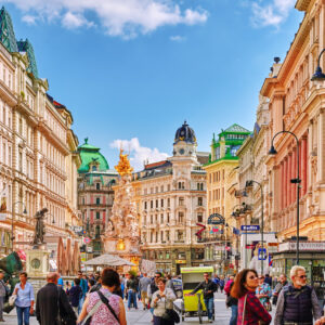 Vienna, Austria - September 10, 2015: Cityscape  views of one of Europe's most beautiful town- Vienna. Peoples on streets, urban life Vienna. Austria