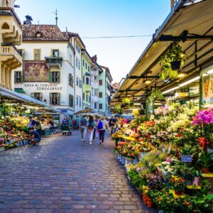 Bozen, Italy - September 17: famous old town and square with historic buildings of Bozen on September 17, 2020