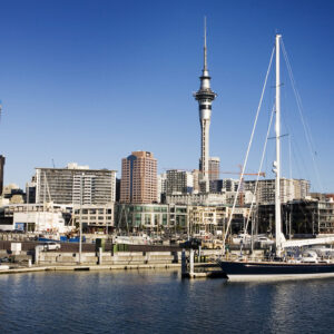 The Westhaven Bay harbor, sailboats and the Skytower on the back. Auckland skyline. New Zealand